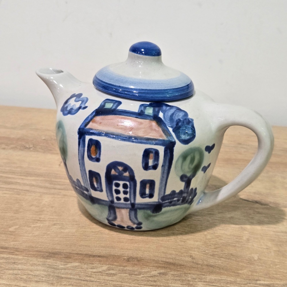 Vtg M.A. Hadley Pottery Teapot 16 oz Blue House Country Cottage Hand Painted